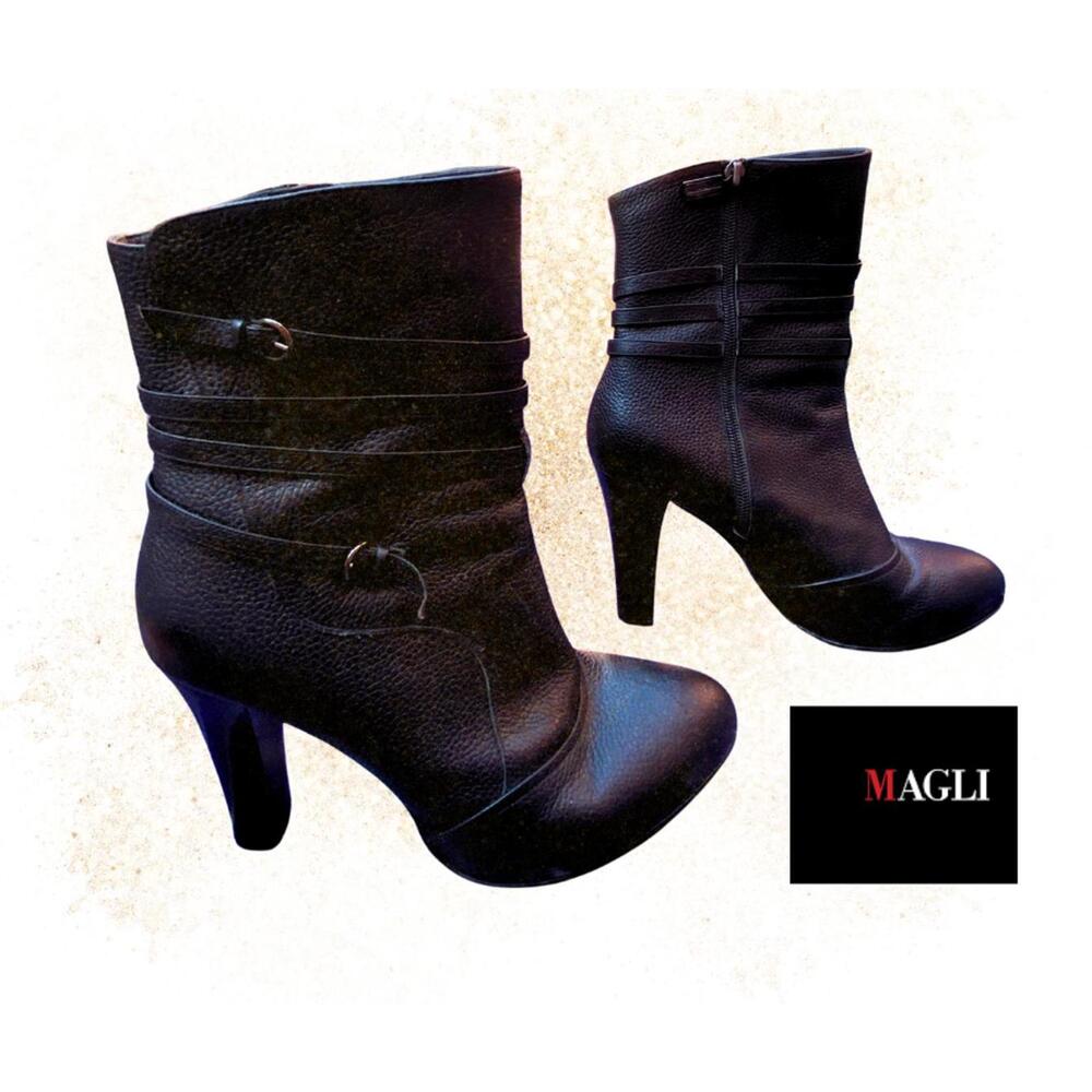 Magli Black Leather zip-up High- Heeled Boots with buckle ankle strap  detail